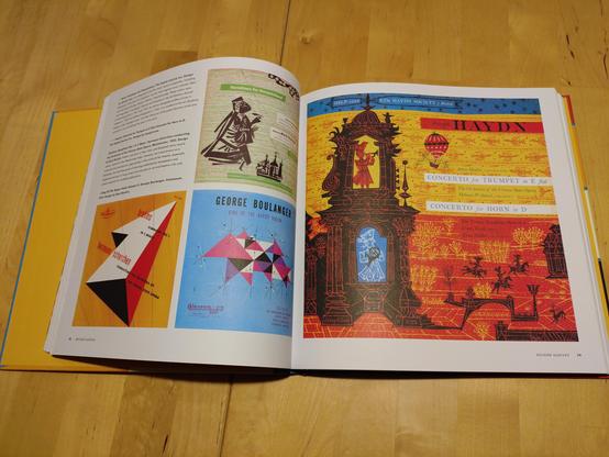 Inside the book, examples of various classical music LPs covers from the 50s and 60s illustrating the style (vivid colors, stylized drawings, bold fonts)