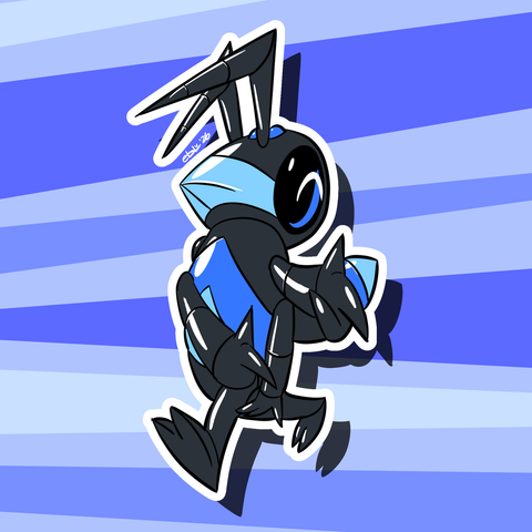 Cobalt, my ant sona, happily gives you finger guns with his top-left and bottom-right hands as he walks.