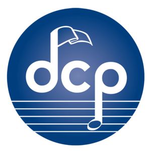 A circular blue logo featuring the lowercase letters "dcp" in white, alongside a musical note and a flag symbol. The background includes horizontal lines suggesting a musical staff.