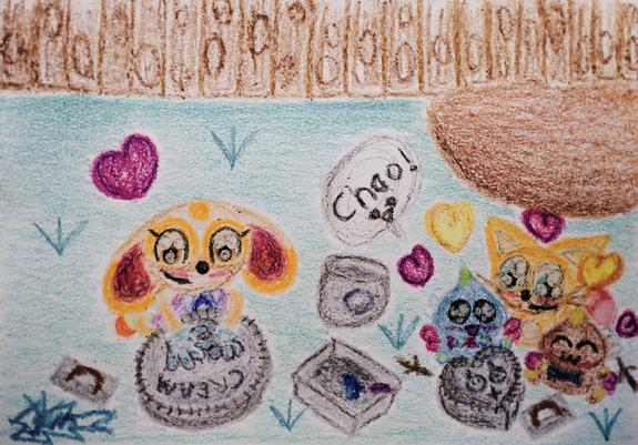 A crayon drawing of Cream, Cheese, and Chocola making stepping stones in their back yard.