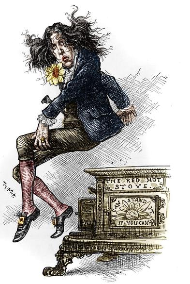 Cartoon of Oscar Wilde (1854-1900), dressed as a dandy, made during his trip to the United States in 1882. Drawing by Thomas Nast, Harper's Weekly (September 9th)