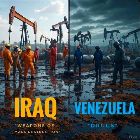 Bildbeschreibung (Deutsch)
Das Bild zeigt eine geteilte Szene von Ölförderanla-gen mit Arbeitern in Schutzkleidung, versunken in Schlamm und dunklem Erdreich. Links steht „Iraq - Weapons of Mass Destruction"
", rechts „Venezuela
- Drugs". Die visuelle Parallele macht deutlich:
Unterschiedliche moralische Narrative führen zur gleichen Realität - geopolitische Interessen, Rohstoffe und Macht, verborgen hinter wechselnden Rechtfertigungen.
Image Description (English)
The image presents a split scene of oil extraction sites with workers in protective gear, standing in mud and polluted ground. On the left, the label reads "Iraq - Weapons of Mass Destruction," on the right "Venezuela - Drugs." The visual symmetry highlights how different moral narratives lead to the same outcome: geopolitical interests, resources, and power, concealed behind changing justifications.🖖