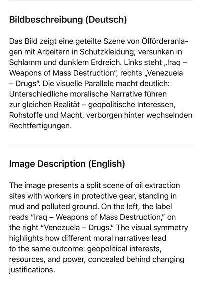 Bildbeschreibung (Deutsch)
Das Bild zeigt eine geteilte Szene von Ölförderanla-gen mit Arbeitern in Schutzkleidung, versunken in Schlamm und dunklem Erdreich. Links steht „Iraq - Weapons of Mass Destruction"
", rechts „Venezuela
- Drugs". Die visuelle Parallele macht deutlich:
Unterschiedliche moralische Narrative führen zur gleichen Realität - geopolitische Interessen, Rohstoffe und Macht, verborgen hinter wechselnden Rechtfertigungen.
Image Description (English)
The image presents a split scene of oil extraction sites with workers in protective gear, standing in mud and polluted ground. On the left, the label reads "Iraq - Weapons of Mass Destruction," on the right "Venezuela - Drugs." The visual symmetry highlights how different moral narratives lead to the same outcome: geopolitical interests, resources, and power, concealed behind changing justifications.🖖