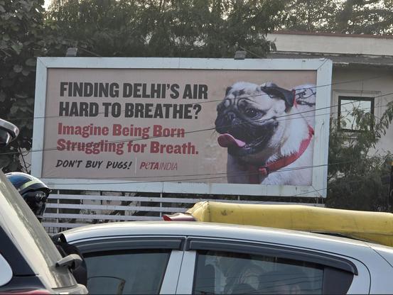 Photo of a billboard with an image of a Pug dog and text saying
"Finding Delhi's air hard to breathe? Imagine being born struggling for breath. Don't buy pugs."
