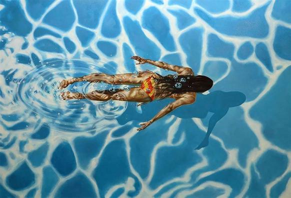 A realistic painting of a swimmer with long hair gliding through clear blue water, creating ripples and bubbles beneath the shimmering surface.