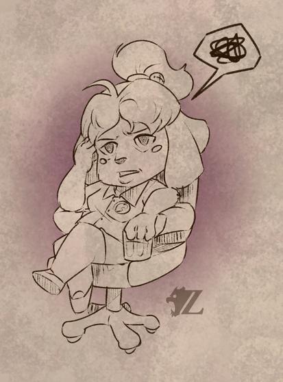 A drawing of Isabelle from the "Animal Crossing" series. She is an anthropomorphic canine, slouching a bit in an office chair. She rubs her temple with one hand, the other casually holding a glass of her "tea," which is often thought of as alcohol. She looks into the distance with an exasperated gaze, a speech bubble with a squiggly shape in it, suggesting that she is grumbling about something.