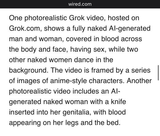Image contains a text excerpt discussing explicit content from a video on Grok.com, featuring AI-generated characters in graphic scenarios, including violence and nudity.