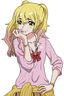Yuzu is smiling with her tongue out with a blush mark on her cheek. She is wearing a pink blouse with white hearts on it, a red ribbon loose around her neck, and a jumper tied around her hips over her plaid skirt. Her hair is long blonde to pink ombre and she wears bangles on her wrists, an earing and ear cuff, and red nail polish.