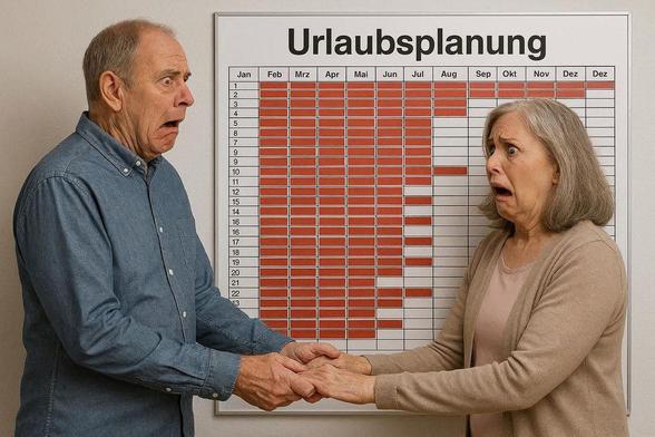 Ein Ehepaar, beide etwa 65 Jahre alt, steht seitlich vor einem großen Jahreskalender. Zu erkennen ist, dass fast alle Wochen des Jahres ausgebucht sind. Das Ehepaar hält sich an den Händen und blickt voller Schrecken und Entsetzen auf den Kalender. Über dem Jahreskalender steht auf Deutsch „Urlaubsplanung“. Erzeugt mit KI.
