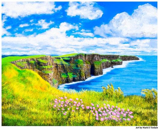 Landscape Digital art showing a coastal scene overlooking a little strip of grass and wildflowers before a steep drop to the water below. In the distance the landscape curves around such that you can see the vertical cliffs descending to the water. The skies are mostly blue with white clouds.