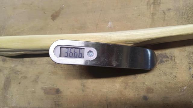 Wir blicken auf den Griffbereich des Bogenrohlings, an dem eine Bogenwaage liegt, die das ungefähre Zuggewicht anzeigt. Auf dem Digitaldisplay steht 36,66 Pfund