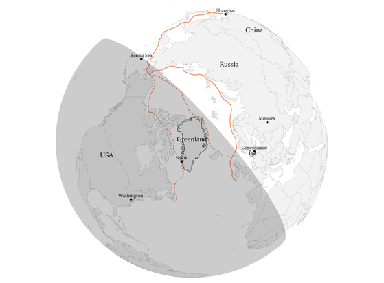 A globe with focus on Greenland, showing sea routes from Shanghai to the Atlantic Ocean through the Bering Sea and along russian coastlines. Two routes would be very near Greenland and are displayed dashed. Additionally the western hemisphere is drawn in, just because I wanted to know. In this definition the UK and Ireland would be direct inside the influence space of Trump (western hemisphere Grambling, you know). It's one attempt to explain the increasing interest of Trump for Greenland.