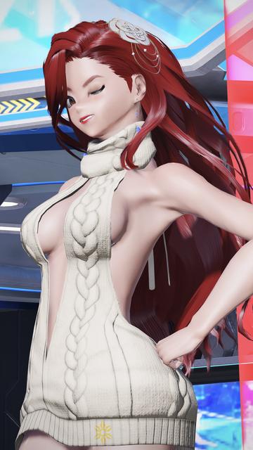 My type 2 human PSO2 character Masumi winks at the camera while wearing a white virgin killer sweater — the newer kind with some of the material missing in the front. Her hand is on her hip as she stands in Central City.