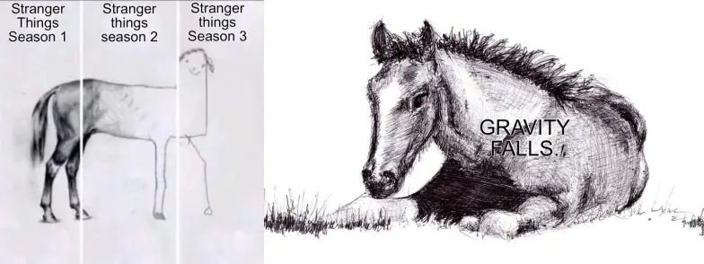 Mem z koniem, gdzie zadek jest najlepiej narysowany (Stranger things season 1), środek gorzej narysowany (Stranger things season 2), a przód najgorzej (Stranger things season 3), drugi przedstawia całkowicie dobrze narysowanego konia (Gravity Falls)