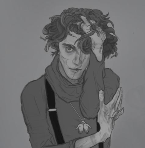 Grayscale character art of a young, heavily scarred, emaciated, and scruffy young priest. A holy symbol resembling two open hands is worn on a long, golden chain. He's dressed in very modern textiles, with dark suspenders and a high-collared, long-sleeve shirt. His long face is slightly obscured by his curly hair, which is being clutched at by one of his hands. The other hand holds his opposite arm in an unnatural and stiff fashion. Deep bag rim his wide eyes--he's staring intensely at the viewer.