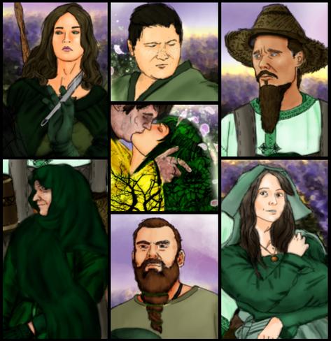 Collage of eight different characters from the same colored digital art group shot, cropped to focus on their facial anatomy. Clockwise, from top left:
A snooty, tanned woman wearing eyeliner and lipstick, with long wavy hair, wearing a fine green velvet cloak over a simple dress. A figure in the foreground wields a scalpel, which is menacingly pointed towards her neck due to the perspective.
A heavyset, freckled young man with shortly cropped hair, wearing a trimmed robe and no shirt beneath. He's repulsed and glancing away from a burst of flower petals outside the panel.
A middle-aged man with a deep tan, long beard, ponytail, straw hat, and simple overalls over a fine hand-woven tunic. His brow is furrowed in concern.
An aging woman without makeup, casting a knowing look at the viewer. She wears a cloth headdress and matching apron, tied over a simple green dress. A small, round, metal locket is worn over her heart.
A broad, heavily bearded man, wearing a plain green shirt. His beard is tied into a few separate sections with green string. He has dark eyes, and is staring at the horizon with a complex, introspective look.
An elderly woman with a hooked nose, smiling at the viewer while emphasizing her face in profile view. This may be her good side. She has no visible hair, and has covered her head with a long piece of fine green cloth. Her dress, gloves, and the satin ribbon around her waist all are indicative of high social status.
In the center are two figures embracing.