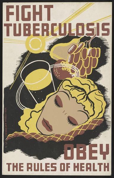 The image is a vintage poster with bold graphic design elements that aim to raise awareness and encourage preventive measures against tuberculosis. It features an illustration of a woman's face in profile, rendered in yellow tones on a black background, suggesting she may be asleep or at rest. Above her head are stylized representations of lungs, highlighted by yellow radiating lines, symbolizing the focus on respiratory health.
The poster has prominent text in capitalized letters with varying font sizes and styles to emphasize key points: "FIGHT TUBERCULOSIS" is displayed prominently across the top half in large red lettering. Below this, a smaller directive reads "OBEY THE RULES OF HEALTH," which appears as if it's commanding attention from the viewer.
A significant portion of text below states "THE RULES OF HEALTH", and at the bottom left corner, there's an acknowledgment or attribution to YPA Federal Art Project [1935-42], indicating that this poster was created during a time when art projects were commissioned by federal programs aimed at public service announcements.
Overall, the design is intended to be strikingly visual while conveying important health messages.