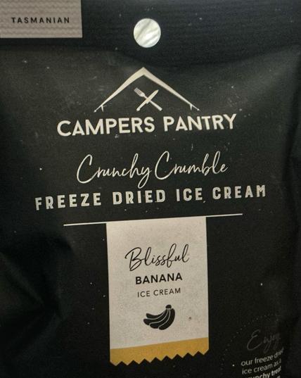 A pouch of:

CAMPERS PANTRY
Crunchy Cumble
FREEZE DRIED ICE CREAM
Blissful BANANA ICE CREAM