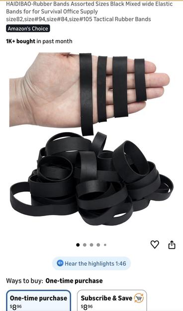 Assortment of large, black and heavy duty rubber bands in 4 sizes, shown for scale wrapping a hand and a pike below. Survivalist and hunter-types apparently use them. $8.96 for about 60. Screenshot from Amazon.