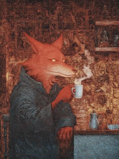 KI-Bild (Midjourney):

Fritzefuchs noch im grauen Morgenmantel. Etwas zauselig isser auch. Aber er hat Heißgetränk, sooo nämlich!