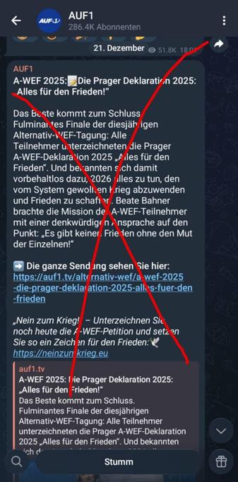 Screenshot vom AUF1-Telegram-Kanal mit der Parole "Alles für den Frieden"