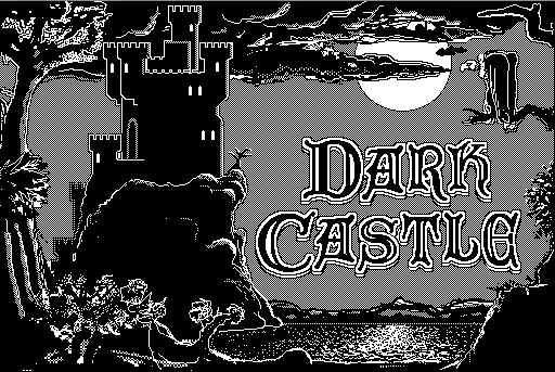 Original title screen showing the game title, Dark Castle. The whole image is black and white. A vulture on a branch on the right is watching a black castle on a small peak by a lake. It's moody and there are dark clouds but the whole scene is lit by a full moon