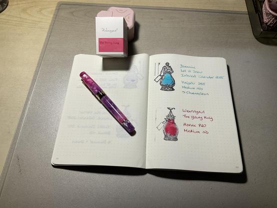 Ink swatch with ornamentl bottle stamps. The top is turquoise and the bottom one is pink. The swatches are in an open notebook. A marbled pink fountain is placed on the right page and a square white and pink is perched on top.
