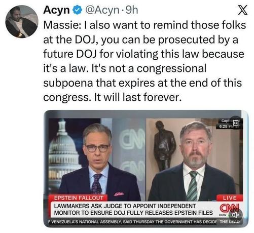 Screenshot of a post on X by Acyn (@Acyn) quoting Thomas Massie warning DOJ officials that they can be prosecuted by a future DOJ for violating the law, saying it is not a congressional subpoena that expires and “will last forever.” Below the text is a CNN split-screen video still showing a male anchor on the left and Massie on the right. A banner reads “EPSTEIN FALLOUT” and “LAWMAKERS ASK JUDGE TO APPOINT INDEPENDENT MONITOR TO ENSURE DOJ FULLY RELEASES EPSTEIN FILES,” with a red “LIVE” indicator and a “cc” icon.