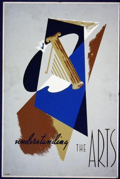 The image displays a poster with bold and contrasting colors primarily blue and gold, along with black outlines. In the center of this composition is an abstract representation depicting various artistic elements such as musical instruments like harp or lyre, book to represent literature or knowledge, column representing architecture etc., all depicted in geometric shapes that form larger blocks of color. The text "Understanding THE ARTS" dominates the lower half with emphasis on 'ARTS' through its size and bold typeface.
The poster appears vintage given its design style reminiscent of mid-20th century art deco influences which often incorporated such symmetry, strong colors, and clean lines to promote cultural appreciation or education. The words "understanding THE ARTS" suggest a didactic intent behind the visual presentation. No specific context is provided as to why these artistic elements are depicted together on this particular poster; however, it's clear that its purpose was educational in nature - likely aimed at encouraging an interest and comprehension of various art forms during or shortly after World War II when such campaigns were prevalent.
The bottom left corner has the signature 'SHARI', potentially indicating either a creator name or artist responsible for the design.