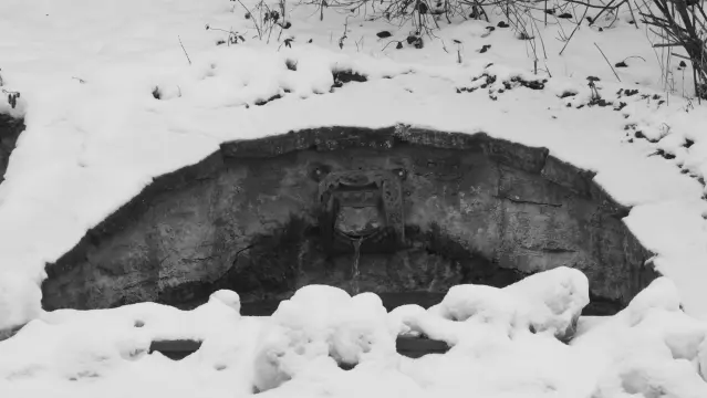 Schwarz weiß

Brunnen an einem verschneiten Hang. Aus einem lächelnden Froschkopf fließt Wasser. Durch zwei Schrauben wirkt es so als wäre der Brunnen ein Gesicht und durch die Wölbung schaut es missgelaunt drein