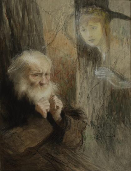 From the museum: “The old man depicted in the pastel resembles the Ukrainian lyre player whom Axentowicz painted many times. He rests his chin on his clenched fists. The apparition of the young girl next to the old man could be a memory from his youth, a forest nymph, or a character from a Ukrainian folk song, introducing a mood of melancholy.”