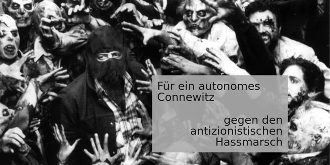 Bild mit Demonstrierenden. Titel: Für ein autonomes Connewitz. Gegen den antizionistischen Hassmarsch.