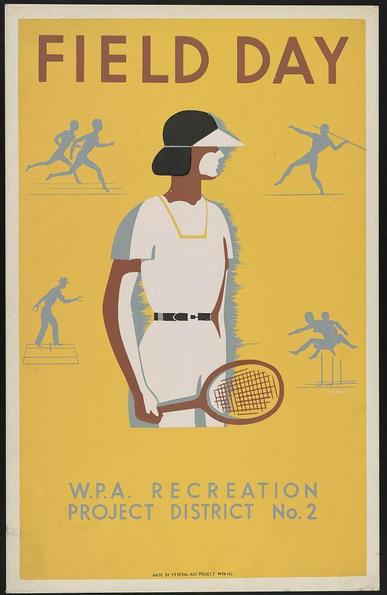 The image depicts a vintage poster titled "Field Day," featuring the W.P.A Recreation Project District No. 2 of Los Angeles County, California (USA). The dominant color is yellow with silhouetted figures in grey and brown depicting various sports activities such as running, hammer throwing, javelin throw, swimming, discus throwing, and tennis.

In the center stands a female figure dressed in white athletic attire including a cap, blouse, knee-length skirt, gloves, high-heeled shoes, and an apron. She is holding a tennis racket with her left hand while standing confidently facing forward. The background includes five silhouetted figures engaged in different sports: running on the top-left corner (two figures), hammer throwing at the upper right side, swimming below them to their right, discus thrower further down and slightly off-center to the right of the woman.

The text "FIELD DAY" is prominently displayed above the central figure. Below her, there's a tagline that reads "W.P.A. RECREATION PROJECT DISTRICT No. 2." At the very bottom in small print it says: 'Made by Federal Art Project - WPA'

This poster serves as an invitation or announcement for Field Day events under the auspices of this recreation project district, showcasing various sports and activities available to participants during these public gatherings.
