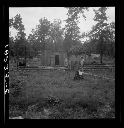The image is a black and white photograph depicting an outdoor rural scene. In the foreground, there's a grassy area with scattered logs or tree stumps, one of which has writing on it that reads "Dave & Jo." The middle ground shows a rustic wooden fence enclosing what appears to be a yard with sparse vegetation and trees in the background.

In the mid-ground near the center-right side, two individuals are visible. One person is standing behind a log fence wearing shorts and a sleeveless top, while another individual sits on a bench or low wall beside them. The setting seems tranquil and somewhat unkempt, suggesting rural life with limited resources for maintenance.

The background features trees of varying sizes that create a canopy-like effect over the scene. There are clothes hanging on lines strung between two tree branches in the upper right corner, which could indicate domestic activities such as laundry drying outside.

Overall, this photograph captures an intimate glimpse into rural living conditions and daily life practices during what seems like mid-20th century America.