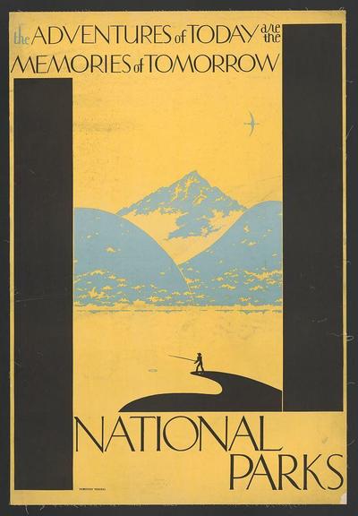 This image is a poster with bold, contrasting colors and typography that highlights the concept of national parks as spaces for adventure today which become cherished memories tomorrow. The dominant color scheme includes yellow and blue hues against a dark background.

At the top left corner, there's text in large black font on a mustard-yellow rectangle: "the ADVENTURESof TODAY are the MEMORIESof TOMORROW". This phrase is followed by another smaller title line that reads "NATIONAL PARKS", which stands out prominently due to its size and contrast against the yellow background.

In the center of the poster, there's an illustration depicting a tranquil scene with mountains in blue shades under a light sky. A solitary figure is shown from behind, engaged in fishing on what appears to be a curving path leading towards or away from the mountain peaks. This silhouette effect adds depth and dynamism to the artwork.

The overall design of this poster suggests that it was created during an era where preserving nature for future enjoyment through national parks was emphasized as part of American cultural identity, reflecting societal values on conservation and outdoor recreation.
