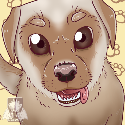 art of a cartoon-looking labrador. she is staring directly at the viewer with a goofy face.