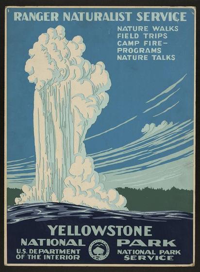 The image depicts a vibrant poster featuring the iconic Old Faithful geyser erupting at Yellowstone National Park. The backdrop is painted in hues of blues and greens, symbolizing the vast wilderness surrounding the park. In stark contrast to this serene landscape stands an imposing figure: the towering geyser itself, frozen mid-explosion with water cascading down its side like a waterfall.

Intricate typography adorns the poster, reading "Yellowstone National Park" prominently at the bottom in bold white letters against a deep blue background. Above, text informs viewers of various ranger services available within the park such as nature walks and field trips. The overall design is reminiscent of early 20th-century aesthetics with its clean lines and limited color palette.

The poster serves not only as an eye-catching advertisement but also offers insight into Yellowstone's attractions during a time when America was promoting public outdoor recreation through national parks like Yellowstone, established in the late 19th century. This particular piece likely dates from around the early 20th century given its style and content.