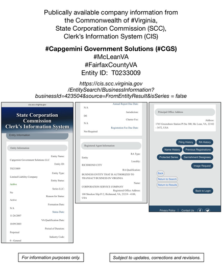 Screenshot of publicly available company information about Capgemini Government Solutions (from the Commonwealth of Virginia, State Corporation Commission, Clerk’s Information System).