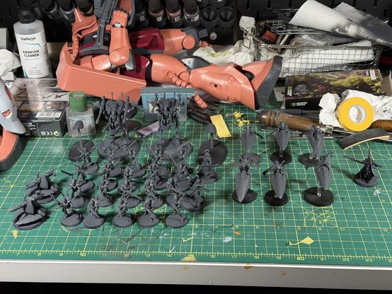 Twenty eldar guardians, two support weapons, two on foot warlocks, five windriders, one jetbike warlock, one farseer, all primed grey