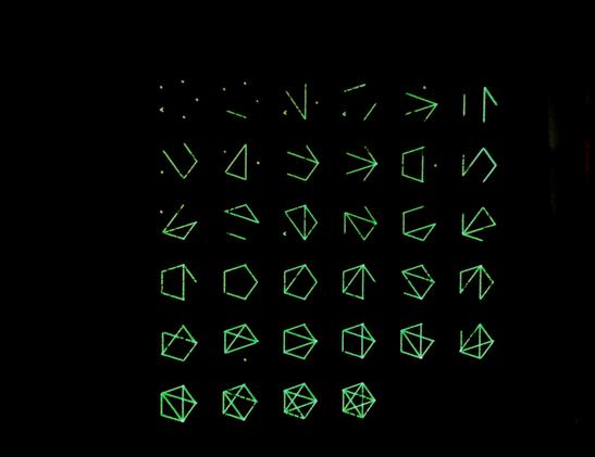 a 6x6 grid of order 5 undirected graphs. each graph has vertices marked by points, and edges are lines. the graphs are ordered by number of edges, from 0 to 10 (fully connected). 

plotted on a green CRT analog X Y display, so background is black.