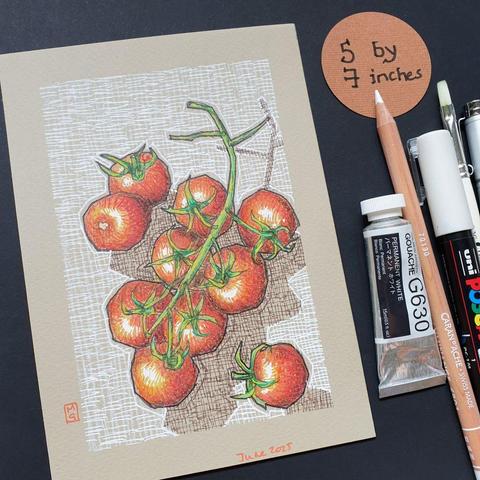 A small original drawing of red cherry tomatoes with a cross hatched background on white and brown ink. The drawing is on cool beige toned paper.
An original art work, please note that the frame is not included.
Colour pencil and mixed media on acid free toned artist paper
5 by 7 inches (12.7 by 17.8 cm).