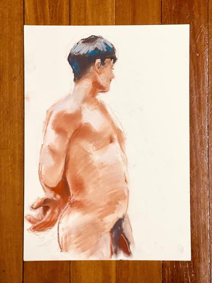 A pastel life drawing of a male model