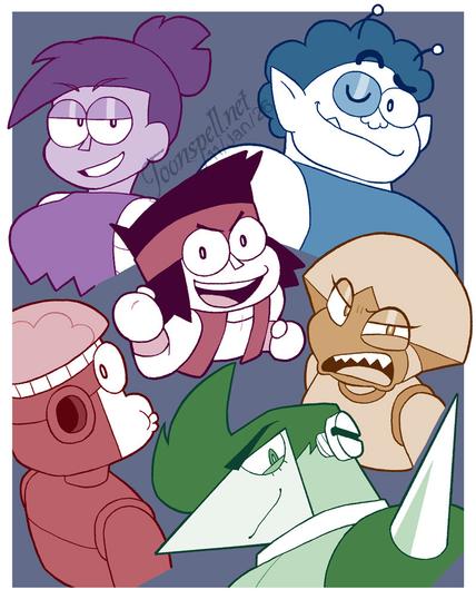 Some drawings of OK KO characters, KO, Enid, Rad, Darrell, Shannon and Raymond.