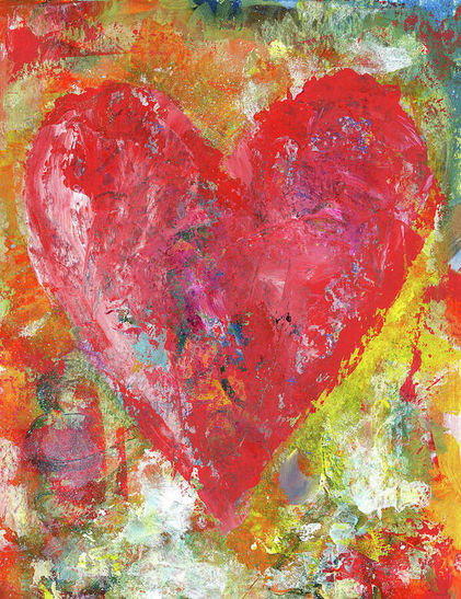Big red heart is an expressive abstract acrylic painting by artist Karen Kaspar in vertical format of a big red heart shape on a colorful textured background. It is expressing love, passion and positive energy.