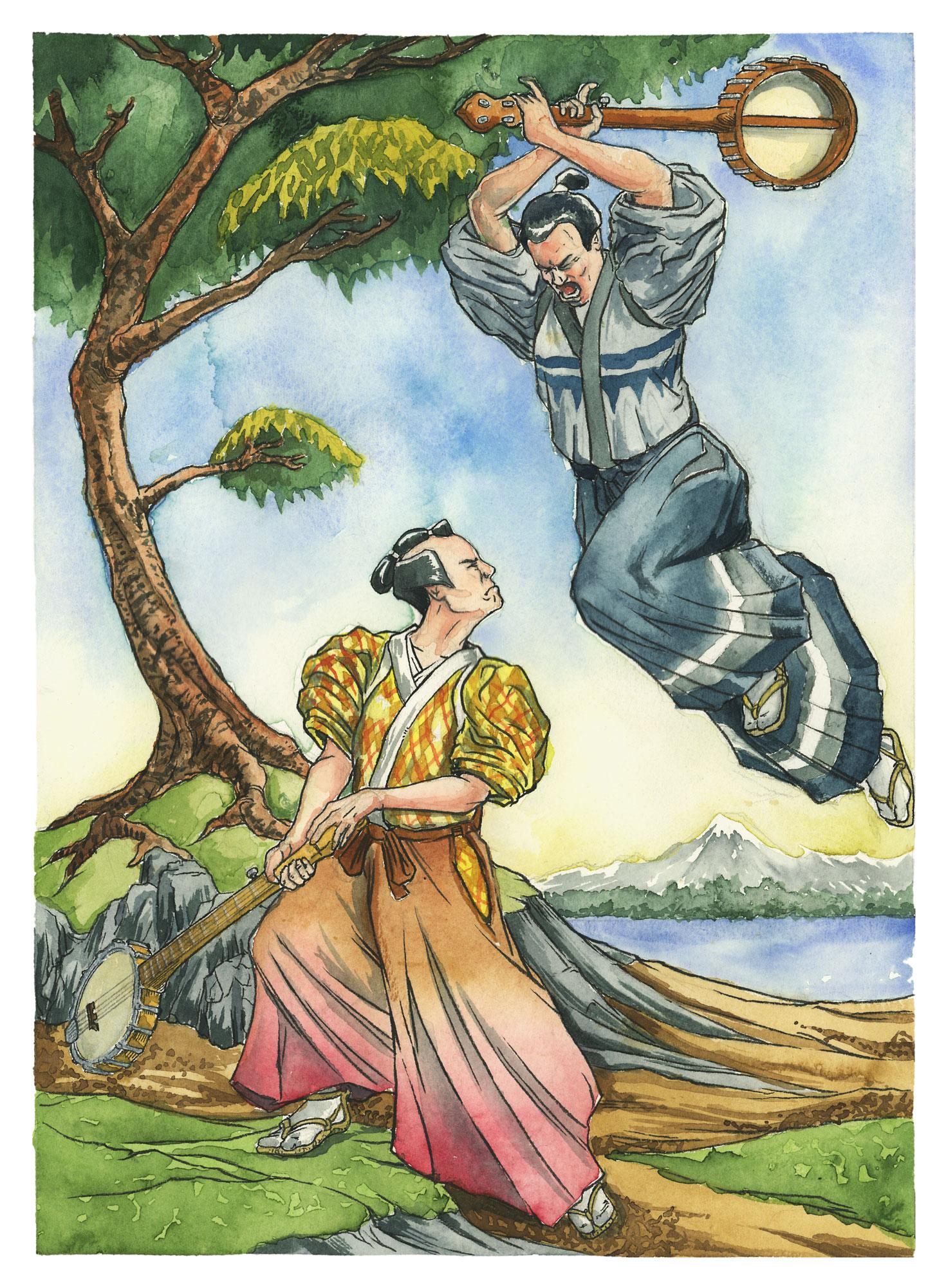 A watercolor painting meant to evoke the look of a Japanese woodblock print. A samurai wearing a blue and gray kimono and hakama is leaping in the air holding a banjo by the neck like a sword over his head. He’s about to bring it smashing down on a second samurai on the ground in kimono and hakama patterned in yellow, orange and red who holds a banjo in a low position at his waist. The background is a small hill with a tree on it with water and mountains in the distance.