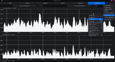 A dark interface displays bandwidth usage, with two graphs showing incoming and outgoing bytes per second over time, peak traffic visible.
