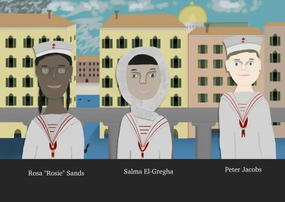 Three kids in grey sailor outfits on a balcony overlooking a Venice-like city, labelled as though it's a photo. From left to right, they are Rosa "Rosie" Sands, Salma El-Gregha and Poeter Jacobs. Rosie is black and has glasses and pigtails. Salma wears a grey headscarf and has green eyes. Pete is blond and has blue eyes.