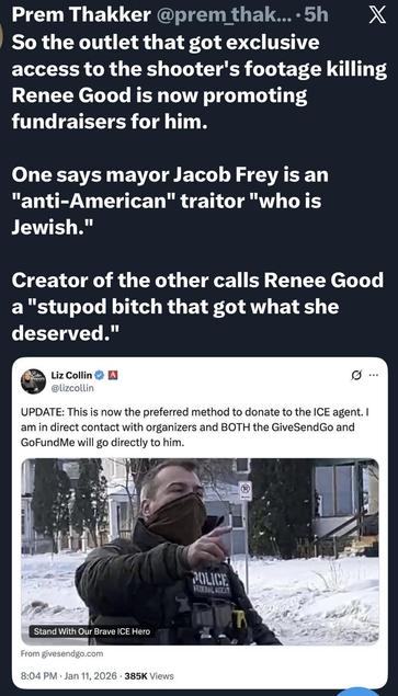 A social media post discusses fundraising efforts for a shooter and critical comments about Mayor Jacob Frey. It includes a tweet from Liz Collin mentioning donation methods for an ICE agent, featuring an image of a man in a tactical outfit.