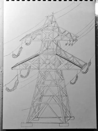 a pencil drawing of a power line poll guiding cables depicted in isometric perspective