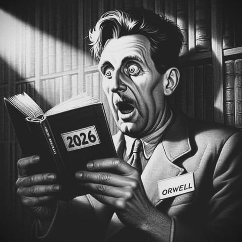 Bildbeschreibung (Deutsch)
Die schwarz-weiße Illustration zeigt einen Mann in formeller Kleidung, der in einer Bibliothek steht und ein aufgeschlagenes Buch mit der Jahreszahl „2026" auf dem Cover liest. Sein Gesichtsausdruck ist von Schock und Erkenntnis geprägt: weit aufgerissene Augen, geöffneter Mund, erstarrte Körperhaltung. Auf seiner Brust ist ein Namensschild mit der Aufschrift „ORWELL" angebracht.
Ein scharfer Lichtstrahl fällt von links auf Buch und Gesicht und erzeugt einen starken Hell-Dunkel-Kontrast, während die Bücherregale im Hintergrund im Halbschatten bleiben.
Im Kontext steht das Bild sinnbildlich für den Moment der späten Einsicht: Die Konfrontation mit einer Zukunft, die aus Fehlannahmen, ideologischen Irrwegen oder systemischen Verzerrungen hervorgegangen ist. Zugleich impliziert der offene Blick in das Buch die Möglichkeit von Erkenntnis - und damit die Chance zur Korrektur, solange Lesen, Verstehen und Reflektieren noch möglich sind.🖖